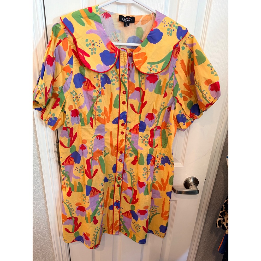 GIGIO Mini Dress Yellow Floral Peter Pan Collar Puff Sleeve Artsy